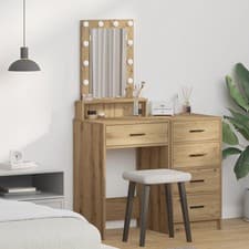Image of Modern Wooden Narrow Dressing Table Makeup Vanity Desk With LED Mirror & Drawer