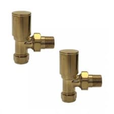 Image of Brushed Brass Round Modern Towel Rail Radiator Valves - Corner Angled Straight