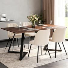 Image of Brown Wooden Dining Table and 4PCS Velvet Chairs Set for Kitchen Home Furniture