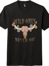 Image of Wild Ones Never Die Western Cow Skull Graphic T-Shirt, Boho Floral Casual Tee