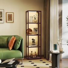 Image of Floor Lamp Dark Brown MDF & Tempered Glass 157cm Tall 45x29cm LED Shelf Dimmable