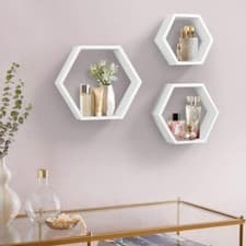 Image of SET OF 3 HEXAGON FLOATING SHELF WALL MOUNTED HONEYCOMB STORAGE SHELVE DECORATIVE