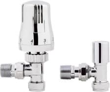 Image of Radiator Valves X2 Thermostatic Angled Straight Heated Towel Rail Chrome White