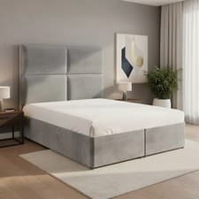 Image of Plush Velvet Upholstered Ottoman Storage Bed Frame with Square Padded Headboard