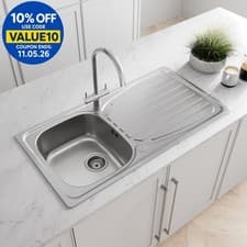 Image of Stainless Steel Inset Kitchen Sink Single 1 Bowl Reversible Drainer FREE Waste