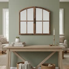 Image of Arched Window Wall Hanging Mirror Rustic Double Door Black Brushed Gold 72x65 Cm