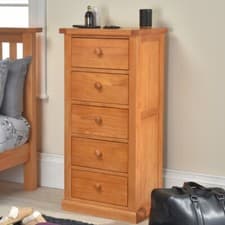 Image of Tallboy Chest Of 5 Drawers Solid Wood Bedroom Furniture - Cheshire Pine