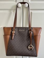 Image of MICHAEL KORS CHARLOTTE LARGE TOP ZIP TOTE SHOULDER BAG MK BROW