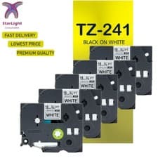 Image of 5 Label Tape Black on White Compatible With Brother TZ241 PT-D600VP D800W E300VP