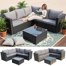 Image of BIRCHTREE Rattan Garden Furniture Set Corner Sofa Glass Table Patio 5 Seaters