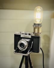 Image of Vintage Camera Lamp & Adjustable Antique Tripod Stand & Edison Bulb