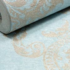 Image of Teal Floral Damask Wallpaper Gold Metallic Shimmer Thick Heavy Weight Lounge