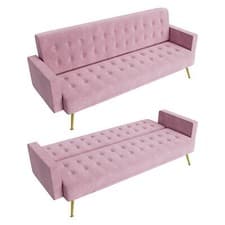 Image of 3 Seater Sofa Bed Pink Luxury Velvet Nonwovens New Foam Contrast Gold Metal Legs