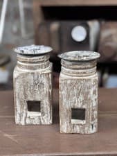 Image of Pair Of Rustic Wooden Candle Holders / Large Church Candle Candlesticks /A