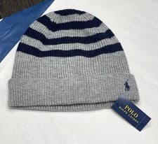 Image of Polo Ralph Lauren Stripped Beanie Hat Grey Navy Blue OS Wool Cashmere Blend Mens