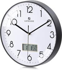 Image of 12 Inch Silent Black Wall Clock with Date and Day, Temperature, Day of Week, Ki