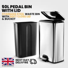 Image of Large Kitchen Bin 50L With Soft Close - 70cm High Stainless Steel Pedal Bin