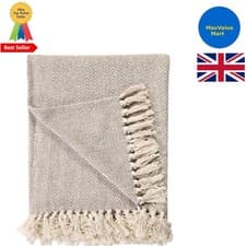 Image of Versatile Natural Cotton Herringbone Throw - Machine Washable, Large 150x200 cm