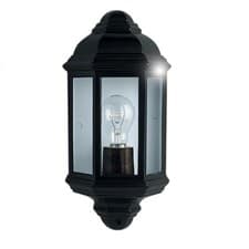 Image of Black Outdoor Die Cast Traditional Half Lantern Wall Light Clear Glass IP44 E27