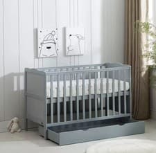 Image of Wooden Baby Cot Bed With Drawer Teething Rails Height Adjustable mat included