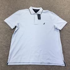 Image of Nautica Polo Shirt Mens Medium Blue Solid Tipped Collar Logo Short Sleeve Casual