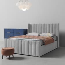 Image of OTTOMAN STORAGE BED PANEL PLUSH VELVET UPHOLSTERED BED FRAME- WINGED HEADBOARD