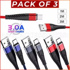 Image of 3 Pack Heavy Duty USB Type C Charging Cable Braided Fast Phone Long Lead 2m 1m
