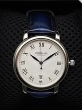 Image of Montblanc Star Legacy Automatic Date Watch Blue Leather White Dial 39mm 124341