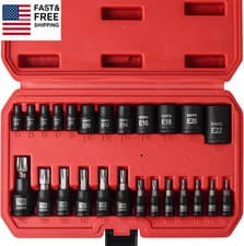 Image of 25 Piece Torx Bit and Socket Set, 13 Star Bits (T8- T60) & 12 E-Torx Sockets
