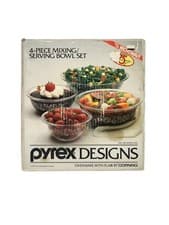 Image of New Vintage PYREX Set Of 4 Clear Nesting Bowls White Lace Pattern Sealed