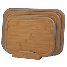 Image of Bamboo Chopping Board 3 Piece Set & Wooden Stand Grey Edge Cooks Professional
