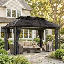 Image of 4 x 3(m) Polycarbonate Gazebo with Curtains, Nettings, Double Roof, Black