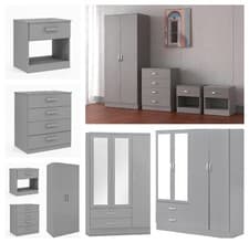 Image of Grey Gloss Bedroom Furniture Set Chest of Drawer Bedside Table Mirrored Wardrobe