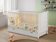 Image of White Baby Cot Bed for Newborn 120x60cm or 140x70cm & Storage Drawer & Mattress