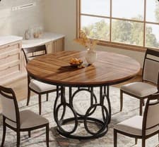 Image of 120cm Round Dining Table for 4 People, Rustic Dining Room Table with Metal Base