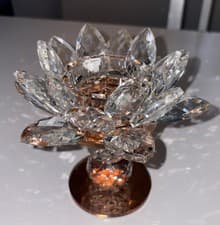 Image of Glass Faceted Lotus Flower Tea Candle Holder W/Pedestle Stand-& Reflective Base