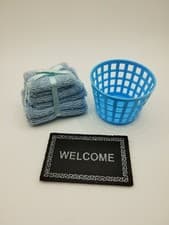 Image of Doll House Miniature Towel Bale Wash Basket & Welcome Mat