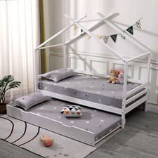 Image of TEDDY KIDS WOODEN HOUSE TREEHOUSE SINGLE BED FRAME - WHITE/GREY - TRUNDLE OPTION