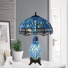 Image of Tiffany Style Clustered Table Lamp Multicolor 16inch Stained Glass Shade Bedroom