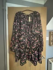Image of Oasis Black Floral Chiffon Tiered And Ruched Mini Dress, Size 16 BNWT