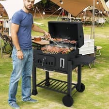 Image of Barrel Charcoal Grill with Folding Side Tables – Large Outdoor BBQ Smoker