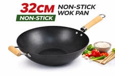 Image of 32cm Non Stick Wok Pan Stir Fry Cooking Deep Cooking Wok Kitchen Wooden Handles