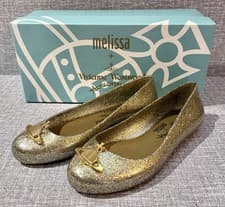 Image of Vivienne Westwood + Melissa Anglomania Orb Gold Glitter Ballet Flats UK Size 3