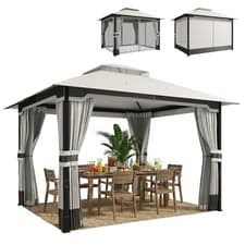 Image of Outsunny 3 x 3.6 m Outdoor Garden Gazebo with Netting, Curtains, Light Grey