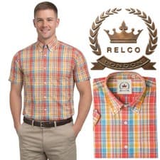 Image of Relco Men's Blue Orange Short Sleeve Multi Check Skin's Button Down Collar Shirt