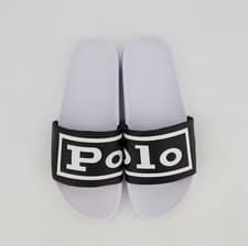 Image of POLO RALPH LAUREN White & Black Leather Branded Sliders - UK 7