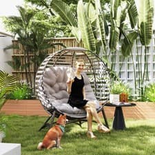 Image of Egg Chair with Soft Cushion Steel Garden Basket Chair for Outdoor, Light Grey