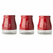 Image of Tea Coffee Sugar Canisters Jar Set of 3 Sabichi Red Silver Cream Gift