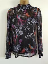 Image of Ex M&Co 8-22 Bird Print Mesh Metallic Sparkle Long Sleeve Blouse Top Black Silve