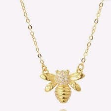 Image of Dainty Bee Pendant Necklace. Cubic Zirconia Studded Head. Goldtone Plated. Box